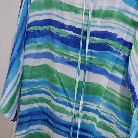 Lauren Ralph Lauren ✦ Blue Green Stripe Blouse ✦ Flowy ¾ Sleeve Tie Accessory - Picture 8 of 15